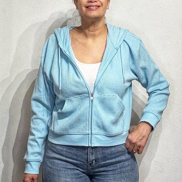Auden Baby Blue Waffle Knit Front Zip Hooded Sweater Sz M - Picture 1 of 12